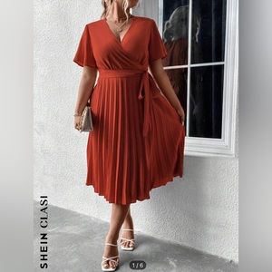 Pleated burnt orange wrap dress